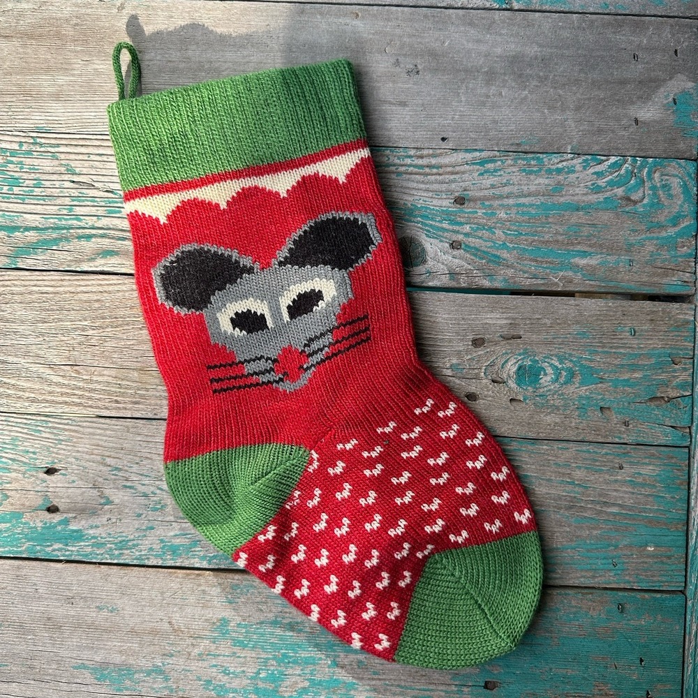 Vintage Knitted Mouse Christmas Stocking 17x6.8 Inch Red Green Gray Cute Humor